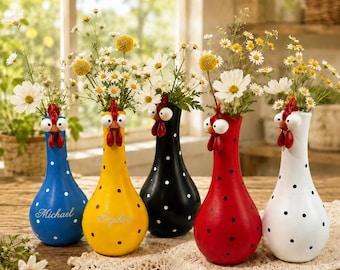 Chicken Resin Vase, Custom Farmhouse Polka Dot Flower Holder, Farmhouse Kitchen Decor
