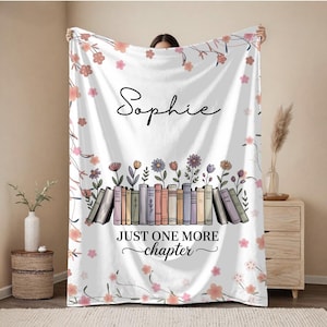 Personalized Reading Blanket for Book Lovers, Custom Name Floral Bookshelf Throw, Cozy Reader Gift, Just One More Chapter Blanket.