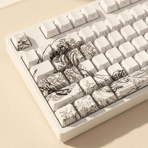 Japanese Wave Keycap Set | Kanagawa Art Custom Keycaps for Mechanical Keyboard | Shine Through PBT Cherry Profile Aesthetic