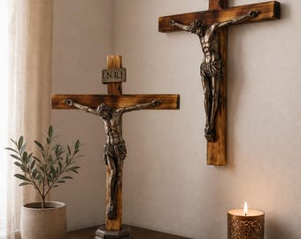Bronze Crucifix Wall Cross – Catholic Bronze Jesus Corpus, Wall Mounted or Freestanding with Bronze Base, Rustic Christian Decor