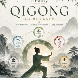 May include: A poster titled Healify Qigong for Beginners featuring a person in a light green outfit performing a movement. The design includes five circular icons representing Wood, Fire, Earth, Metal, and Water, set against a mountain landscape.