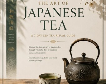 May include: A dark cast iron teapot with a textured floral pattern and a matching ceramic tea cup filled with green tea. The scene includes text reading The Art of Japanese Tea, A 7 Day Zen Tea Ritual Guide, and Healify, with white blossoms.