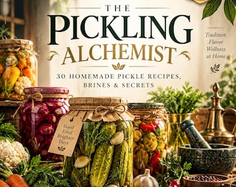 May include: A book cover titled The Pickling Alchemist featuring 30 homemade pickle recipes, brines & secrets. The cover displays glass jars filled with pickled vegetables, fresh carrots, garlic, and herbs on a wooden surface with text.
