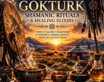 May include: A poster titled Healify Ancient Gokturk Shamanic Rituals & Healing Elixirs featuring a sunset landscape with a yurt, a drum, bowls of herbs, and a glass bottle. Text includes 7 days of sacred traditions and seven icons with labels.