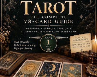 May include: A dark green book cover titled Healify Tarot The Complete 78-Card Guide with gold celestial illustrations. Three tarot cards labeled The Sun, The Moon, and The Star are displayed in front, alongside a note stating Part of a 2-Book Series.