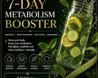 May include: An advertisement for a 7-Day Metabolism Booster. The image features a glass jar filled with water, lemon slices, cucumber slices, and mint leaves. A measuring tape is wrapped around the jar. The text includes "Shed Bloat," "Boost Metabolism," and "Feel Lighter."