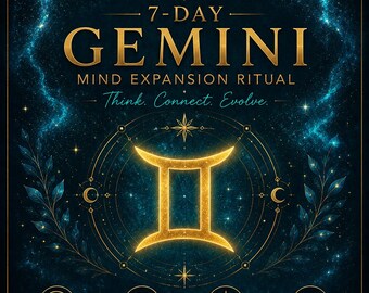 May include: A dark blue poster titled 7-DAY GEMINI MIND EXPANSION RITUAL with gold text and a central Gemini zodiac symbol. It features four icons for mental clarity, communication skills, creative thinking, and personal growth, with the text Healify.