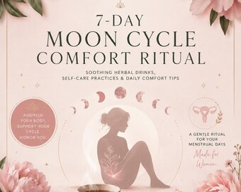 May include: A 7-Day Moon Cycle Comfort Ritual guide featuring a steaming cup of herbal tea on a wooden tray, surrounded by pink peonies. The text includes Healify, 7-Day Moon Cycle Comfort Ritual, and various self-care and comfort tips.