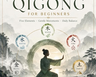 Op de afbeelding: Een poster getiteld Healify Qigong for Beginners met een persoon in een lichtgroene outfit die een beweging uitvoert. Het ontwerp bevat vijf ronde iconen die hout, vuur, aarde, metaal en water voorstellen tegen een berglandschap.