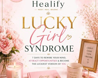 May include: A pink-themed digital product display featuring the text Lucky Girl Syndrome, a pink journal with gold pen, a candle labeled I am lucky, a mug with Good thing always find me, a framed sign stating I don't chase luck, I become it.