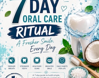 May include: A promotional poster for a 7 Day Oral Care Ritual by Healify. The design features a white tooth splashing in water, a coconut half, a wooden toothbrush, and a small bowl of salt. Text includes 7 Day Oral Care Ritual, A Fresher Smile, Every Day, and Your smile is your superpower, along with various icons and health benefit labels.