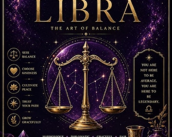 May include: A vertical poster featuring a gold Libra zodiac symbol and scales centered against a deep purple cosmic background. Text includes LIBRA, THE ART OF BALANCE, and various inspirational phrases. Decorative elements include crystals, books, and a candle.