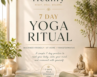 May include: A yoga-themed image with the text "Healify" and "7 Day Yoga Ritual." It includes a rolled-up yoga mat, a small Buddha statue, candles, and potted plants. The text promotes a 7-day practice for body and mind wellness.