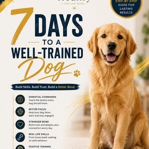 May include: A golden retriever sits on a light-colored floor next to a training guide titled 7 Days to a Well-Trained Dog. The poster features the Healify logo, a list of training benefits including essential commands, better focus, and a stronger bond.