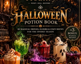 May include: A Halloween Potion Book by Healify featuring 20 magical drinks, elixirs, and cozy brews with 3 bonus recipes. The cover displays a dark castle, a full moon, and various colorful cocktails, including a purple smoking cauldron.
