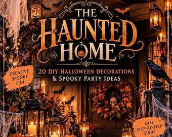 May include: A book cover titled The Haunted Home featuring 20 DIY Halloween Decorations & Spooky Party Ideas. The image displays a porch with lit lanterns, carved pumpkins, a skull wreath, a ghost, and a black raven in a dark setting.