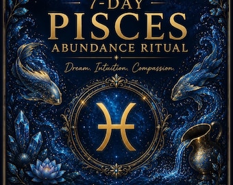 May include: A dark blue poster titled 7-DAY PISCES ABUNDANCE RITUAL by Healify. It features gold text, a central Pisces zodiac symbol, two fish, a lotus flower, crystals, and a pouring pitcher. Four sections detail 7 DAYS OF INTENTION, ENERGY & ALIGNMENT, SELF-CARE & GROWTH, and MANIFEST WITH PURPOSE.