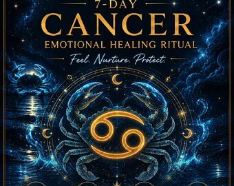 May include: A dark blue poster titled 7-Day Cancer Emotional Healing Ritual by Healify. It features a glowing gold Cancer zodiac symbol, a crab illustration, moon phases, and four circular icons labeled Emotional Balance, Self-Care, Intuition, and Protection.