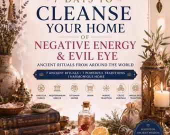 Op de afbeelding: Een poster getiteld 7 Days to Cleanse Your Home of Negative Energy & Evil Eye van Healify. Het bevat tekst over oude rituelen, een lijst van zeven tradities en illustraties van boeken, een glazen fles, een citroen, kaarsen en een bel.