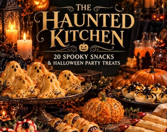 May include: A cookbook titled The Haunted Kitchen featuring 20 spooky snacks and Halloween party treats. The cover displays ghost-shaped pastries, mummy-wrapped sausages, spider-topped deviled eggs, and finger-shaped cookies.