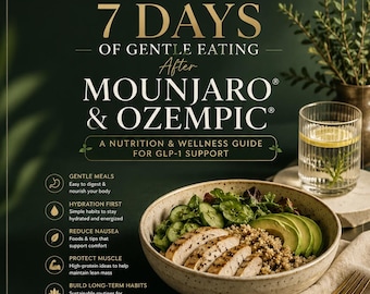 May include: A wellness guide titled "7 Days of Gentle Eating After Mounjaro & Ozempic." The image features a bowl of food with chicken, avocado, and greens, a glass of water with lemon, and text about nutrition and wellness.