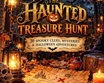 May include: A Halloween-themed treasure hunt game set featuring a weathered map with a red X, a brass compass, a skull, lit candles, and a wooden chest. The text reads: THE HAUNTED TREASURE HUNT, 20 SPOOKY CLUES, MYSTERIES & HALLOWEEN ADVENTURES.