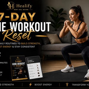 Op de afbeelding: Een advertentie voor een 7-daags thuiswerkprogramma. De afbeelding toont een vrouw in sportkleding die een squat uitvoert. De tekst bevat "7-DAY HOME WORKOUT Reset" en belooft kracht op te bouwen, energie te stimuleren en consistent te blijven. Een boek en een tablet zijn ook afgebeeld.