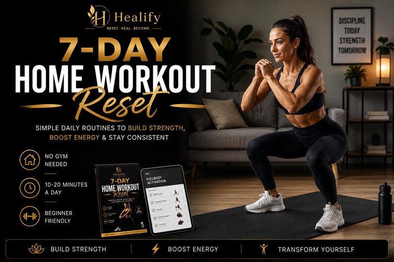 Op de afbeelding: Een advertentie voor een 7-daags thuiswerkprogramma. De afbeelding toont een vrouw in sportkleding die een squat uitvoert. De tekst bevat "7-DAY HOME WORKOUT Reset" en belooft kracht op te bouwen, energie te stimuleren en consistent te blijven. Een boek en een tablet zijn ook afgebeeld.