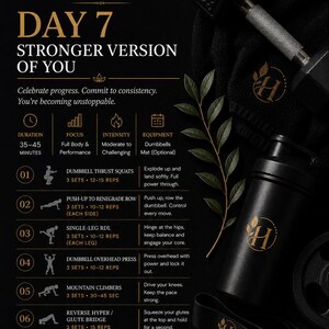 Op de afbeelding: Zwarte en gouden fitnessgids voor dag 7, met een training met oefeningen zoals dumbbell thrust squats en mountain climbers. Inclusief een zwarte dumbbell, waterfles en weerstandsband.