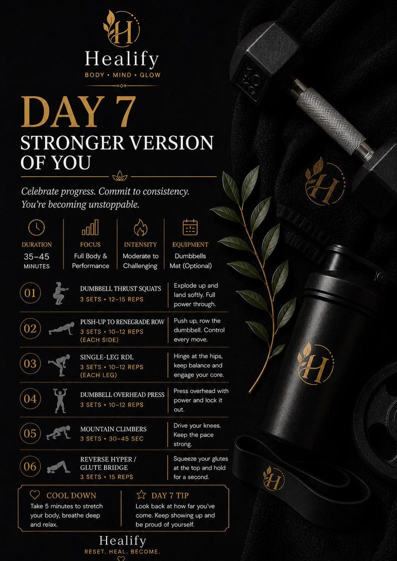 Op de afbeelding: Zwarte en gouden fitnessgids voor dag 7, met een training met oefeningen zoals dumbbell thrust squats en mountain climbers. Inclusief een zwarte dumbbell, waterfles en weerstandsband.