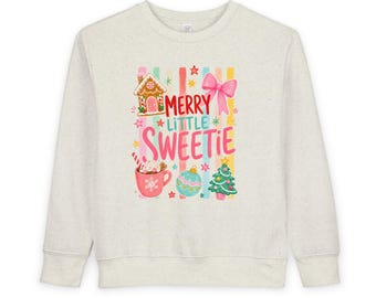 Merry Little Sweetie Toddler Sweatshirt | Christmas gingerbread, bow, tree