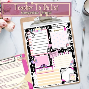 May include: A black and white printable teacher to-do list with a composition notebook theme. The list includes sections for "Things to Do", "Lesson To Do's", "Paperwork To Do", and "What's Important".