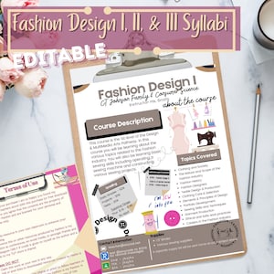 May include: A pink and white printable syllabus for a fashion design course. The syllabus includes a course description, grading information, topics covered, contact information, and a list of supplies. The text "Fashion Design I" is at the top of the page, with a sewing machine and a cartoon of a person sewing in the background.