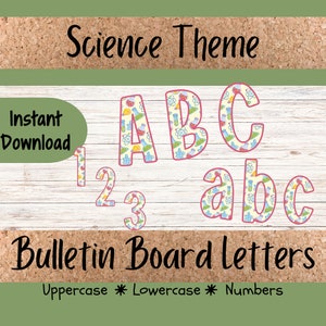 May include: Science themed alphabet and number bulletin board letters. The letters and numbers are decorated with a pattern of beakers, atoms, and light bulbs. The letters are uppercase, lowercase, and numbers 1, 2, and 3.