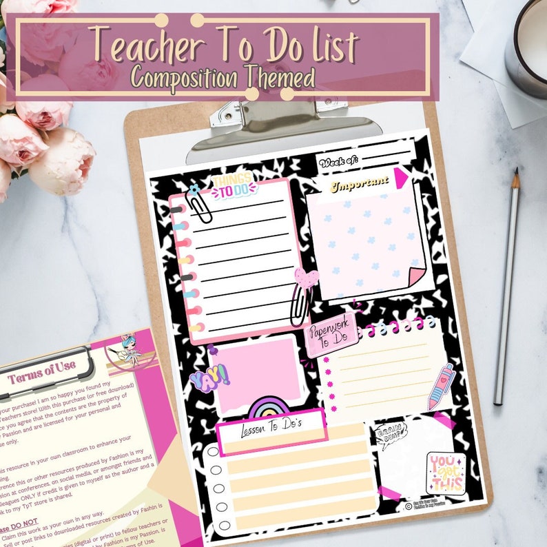 May include: A black and white printable teacher to-do list with a composition notebook theme. The list includes sections for "Things to Do", "Lesson To Do's", "Paperwork To Do", and "What's Important".