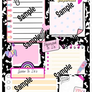 May include: A black and white printable planner page with pink, yellow, and blue accents. The page includes sections for "Things To Do", "Week of", "Important", "Paperwork To Do", and "Lesson To Do's". Each section has a space for writing and a sample text that says "Sample".