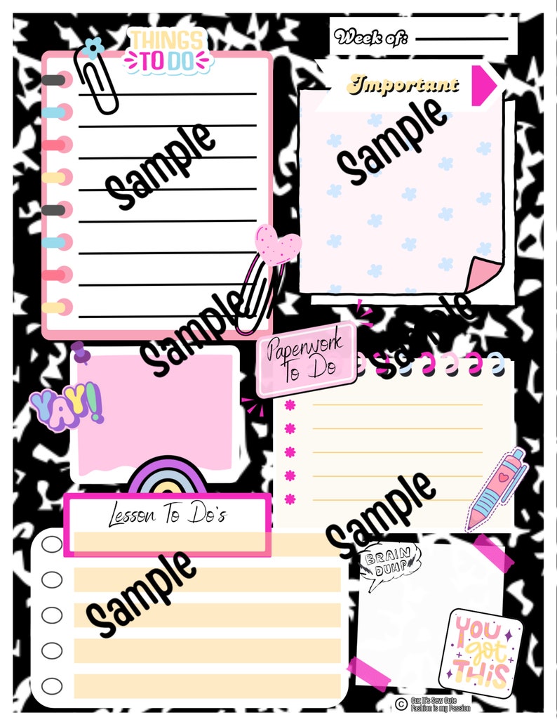 May include: A black and white printable planner page with pink, yellow, and blue accents. The page includes sections for "Things To Do", "Week of", "Important", "Paperwork To Do", and "Lesson To Do's". Each section has a space for writing and a sample text that says "Sample".