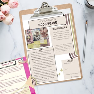 Pode incluir: Uma folha de trabalho imprimível com instruções para criar um quadro de humor de moda. A folha de trabalho inclui tarefas como pesquisar tendências de moda, decidir um tema e reunir inspiração. A folha de trabalho também inclui notas sobre ideias de temas, cores e tipos de tecidos e texturas.
