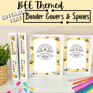 May include: Two binder covers with a bee theme. The covers are yellow with a white border and feature a cartoon bee with the text "It's a beautiful day". One cover says "Lesson Plans" and the other says "Sub Binder".