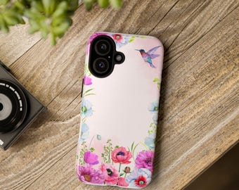 Telefoonhoesje met bloemen en kolibrie | Roze klaprozen, blauwe anemonen, dubbellaagse bescherming