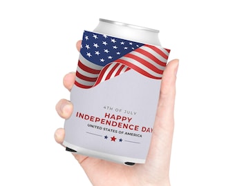 Porta-latas térmico para o Dia da Independência, isolante térmico para bebidas em poliéster, com estampa da bandeira dos EUA.