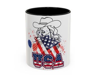 Cowgirl with American Flag USA mug | Accent Coffee Mug 11oz or 15oz