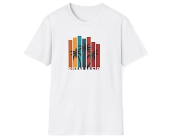 Camiseta unissex de algodão macio com estampa de palmeiras para o verão.