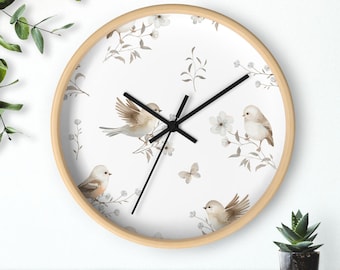 Relógio de parede com pássaros e flores, moderno, redondo, silencioso, de quartzo, para decoração de casa, minimalista, feito à mão em madeira.