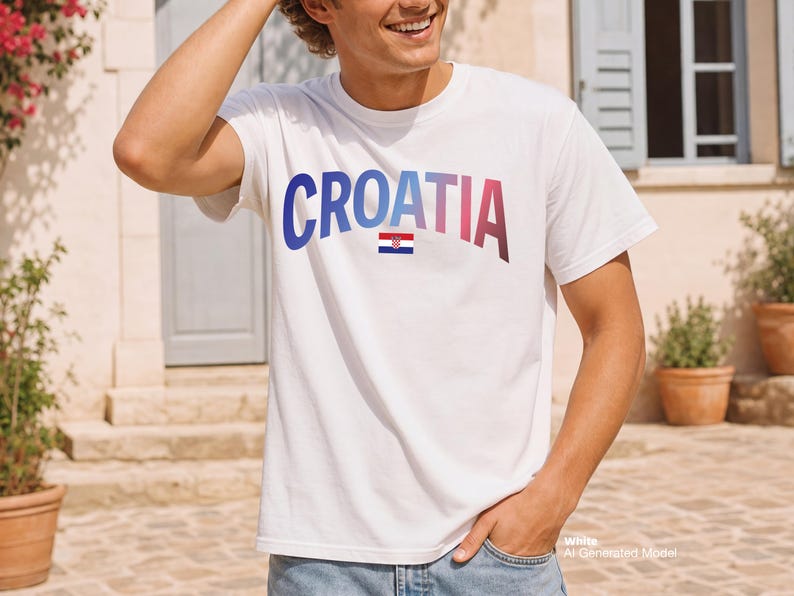 May include: White t-shirt with the word "CROATIA" in blue, pink, and red gradient lettering. The Croatian flag is below the word. The shirt is worn by a person.