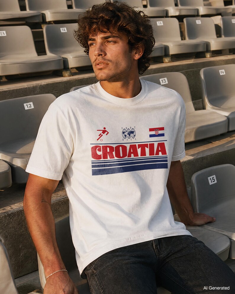 K&ouml;nnte beinhalten: Ein wei&szlig;es kurz&auml;rmeliges T-Shirt mit einem Grafikdruck, der ein rotes Fu&szlig;ballspieler-Symbol, einen Globus, die kroatische Flagge und das Wort CROATIA in fetten roten Buchstaben &uuml;ber zwei horizontalen dunkelblauen Streifen zeigt.