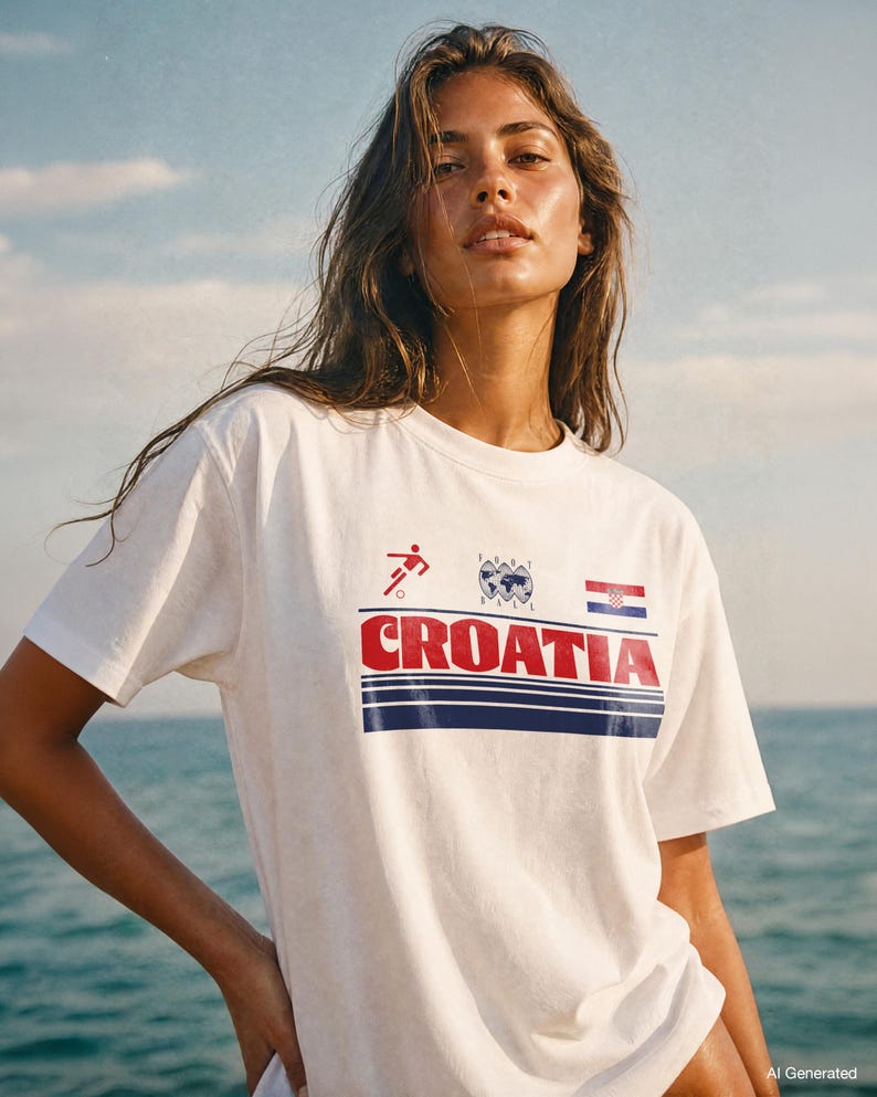 K&ouml;nnte beinhalten: Ein wei&szlig;es kurz&auml;rmeliges T-Shirt mit einem Grafikdruck auf der Brust. Das Design zeigt ein kleines rotes Fu&szlig;ballspieler-Symbol, eine Weltkugel mit dem Text FOOT BALL, die kroatische Flagge und das Wort CROATIA in gro&szlig;en roten Buchstaben &uuml;ber blauen Linien.