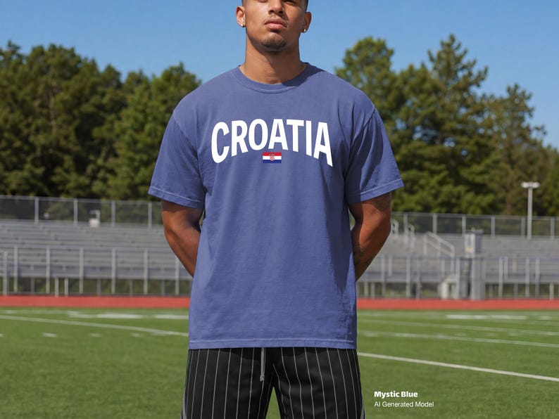 May include: A mystic blue t-shirt with the word "CROATIA" in white block letters across the chest, above a small Croatian flag. The shirt is short-sleeved and worn by a person standing on a green field.