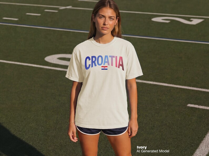 May include: Ivory-colored t-shirt with the word "CROATIA" in a gradient of blue to red. Below the word is a small Croatian flag. The model is wearing navy blue shorts with white trim. The background is a green field.