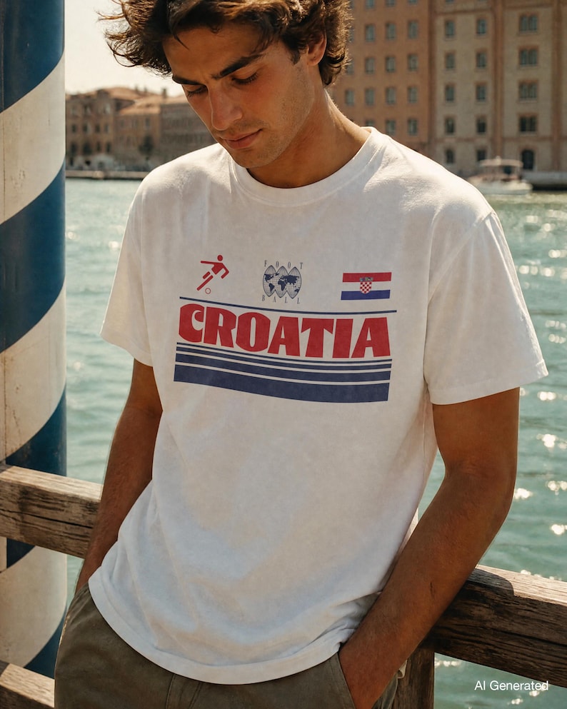 K&ouml;nnte beinhalten: Ein wei&szlig;es kurz&auml;rmeliges T-Shirt mit einem Grafikdruck, der das Wort CROATIA in gro&szlig;en roten Buchstaben, ein kleines rotes Fu&szlig;ballspieler-Symbol, eine Weltkugel-Illustration, den Text FOOT BALL, die kroatische Flagge und drei blaue Streifen zeigt.